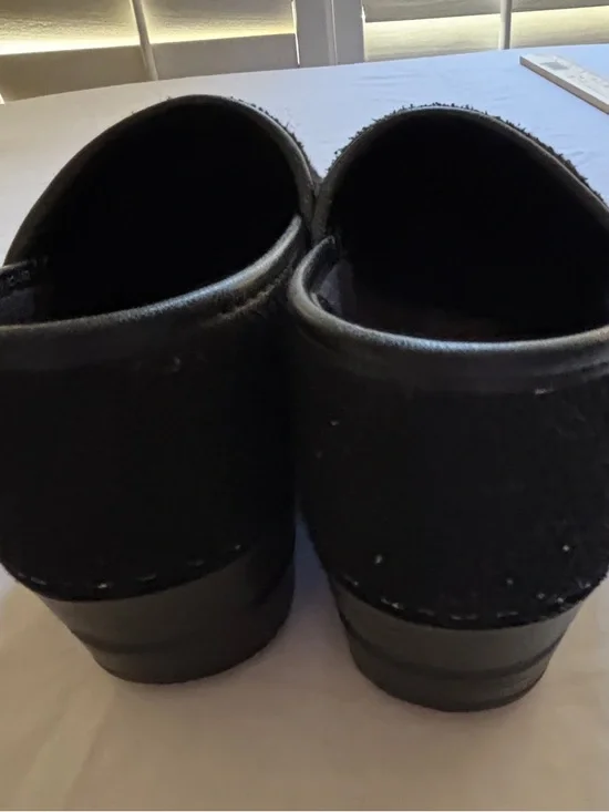 Dansko Black Wool Clogs with Yellow and Red Leaf Stitching - Picture 2 of 8